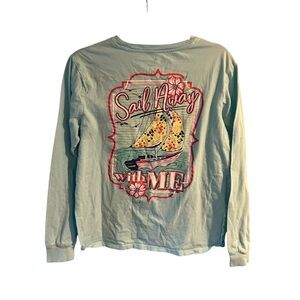 Benny‎ & Belle Women Medium Blue Long Sleeve Shirt Summer Lake Sail Away Boat